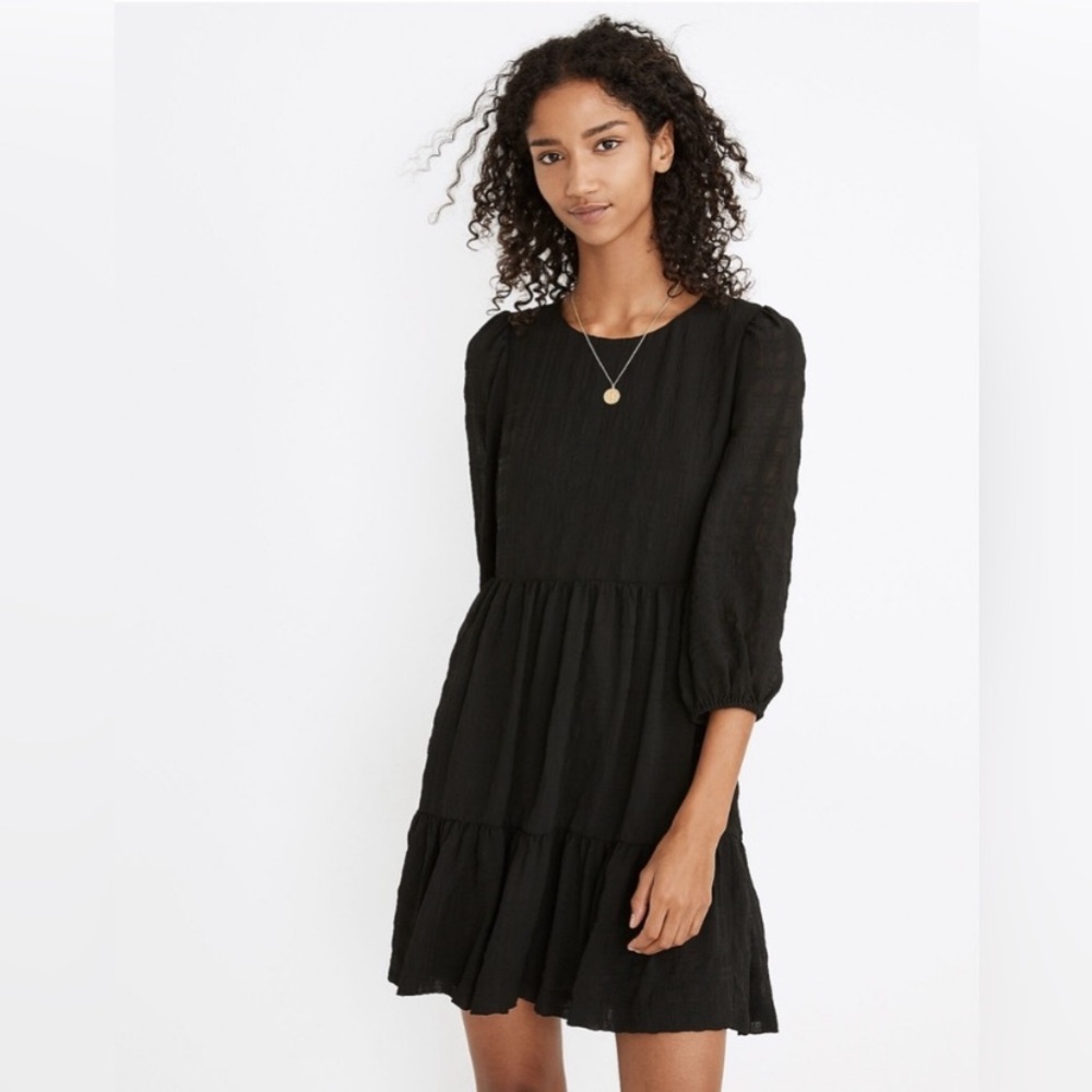 Madewell Puff Sleeve Ruffle Hem Mini Dress Black Style #MC329 - Picture 2 of 9